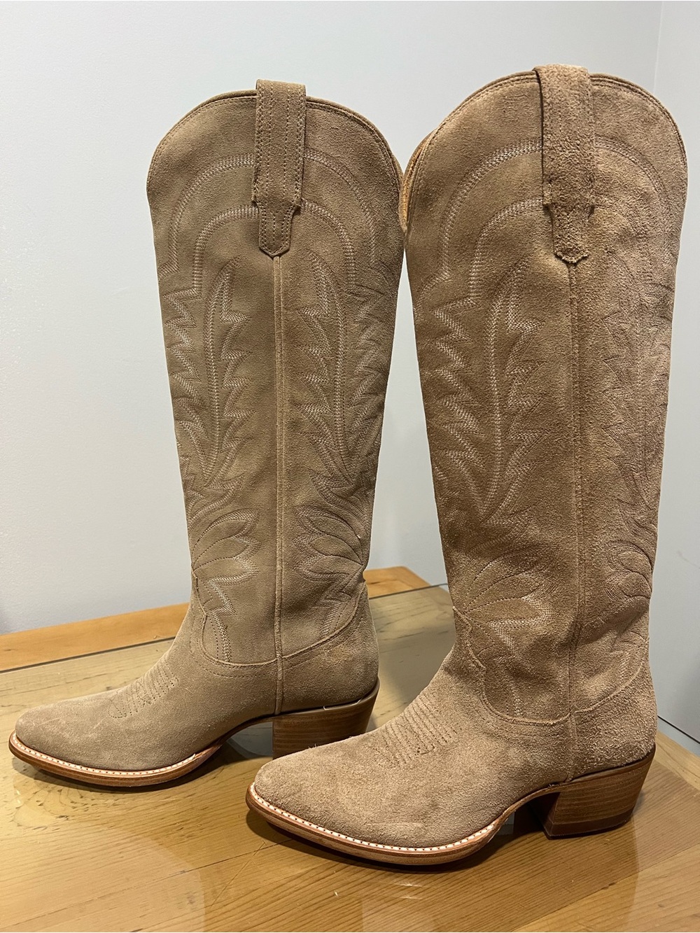 Tecovas Abby Driftwood Suede Western Leather Tall Boots in Brown US 8